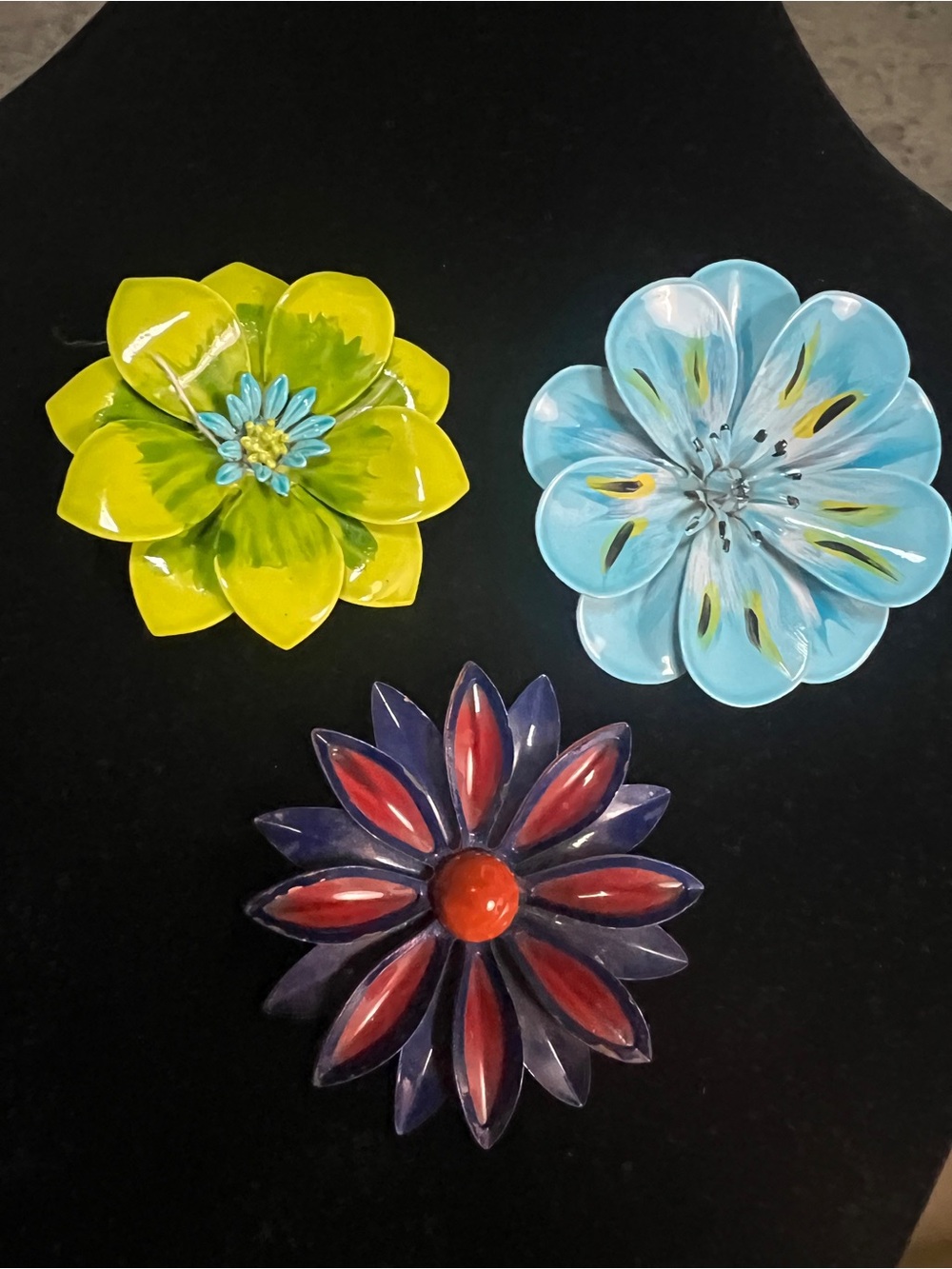Vintage Three-Piece Floral Brooch Trio - Yellow, Blue & Red